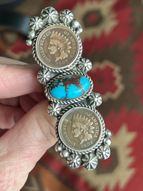 Apache Sterling Silver, Egyptian Turquoise and Indian Head Penny Ring by Rosella Paxson: Size 9