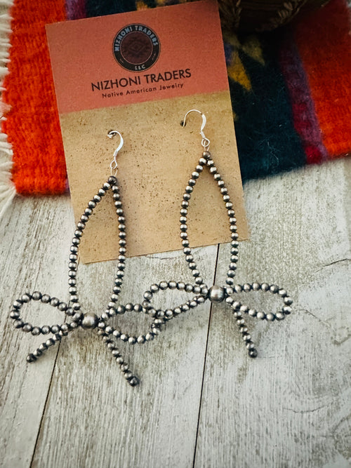 Handcrafted Sterling Silver Pearl Beaded Bow Dangle Hoop Earrings