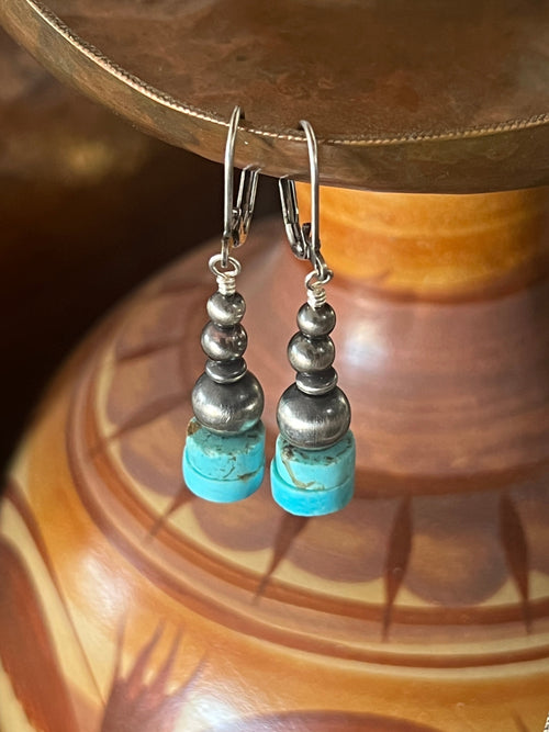 Navajo Made Sterling Silver Summer Lovin’ Kingman Turquoise Heishi Beaded Drop Earrings, Leverback