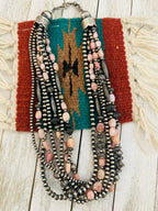Navajo Sterling Silver Pearl & Rhodochrosite Beaded Seven Strand Necklace