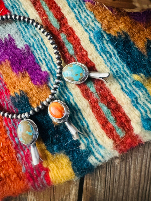 Handcrafted 3mm Sterling Silver Pearl, Turquoise & Spiny Oyster Blossom Stretch Bracelet