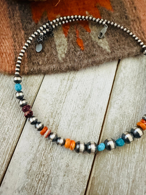 Navajo Spiny, Turquoise & Sterling Silver Beaded Wrap Choker Necklace