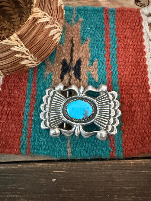 Handcrafted Vintage Old Pawn Sterling Silver and Turquoise Belt Buckle