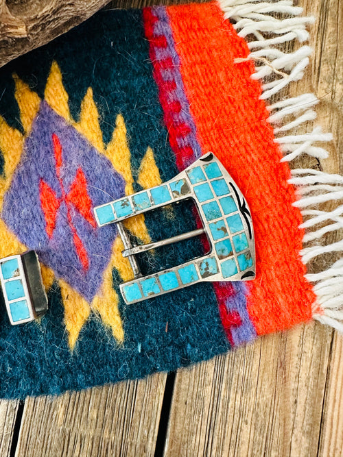 Vintage Handcrafted Turquoise & Sterling Silver Horse Belt Buckle