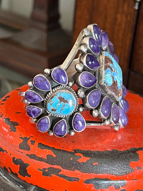 Handcrafted Sterling Silver, Charoite and Golden Hills Turquoise Cluster Cuff Bracelet by Tyler Brown /