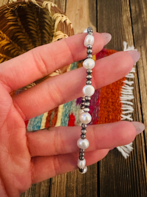 Handcrafted Freshwater Pearl & Sterling Silver Pearl Beaded Stretch Bracelet