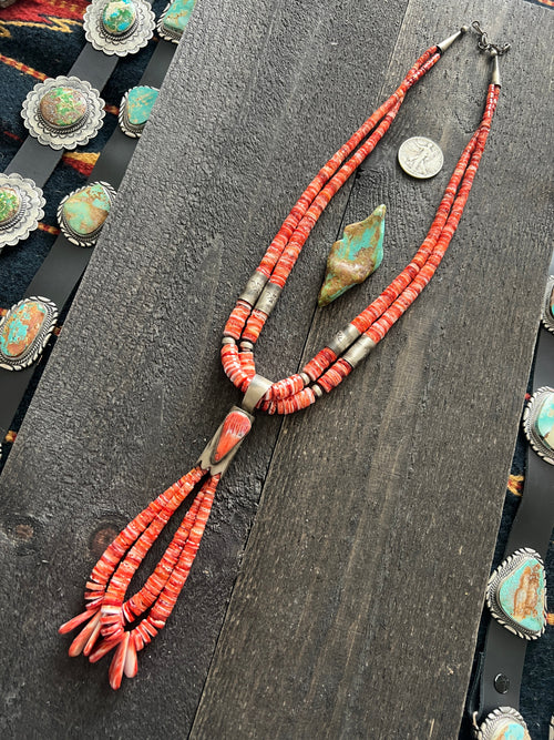 Santo Domingo (Kewa) Sterling Silver and Red Spiny Oyster Shell Jacla Bead Necklace by Daniel Coriz