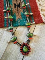 ** Christmas Collection ** Handmade Sterling Silver, Turquoise & Coral Necklace Signed Nizhoni
