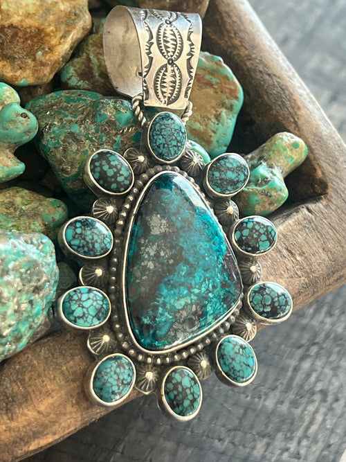 Apache Made Sterling Silver, Hubei Turquoise & Chrysocolla Azurite Cluster Pendant by Rosella Paxson
