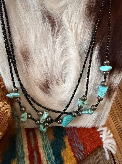 Old Pawn Handcrafted Turquoise, Hematite and Sterling Silver Beaded Necklace