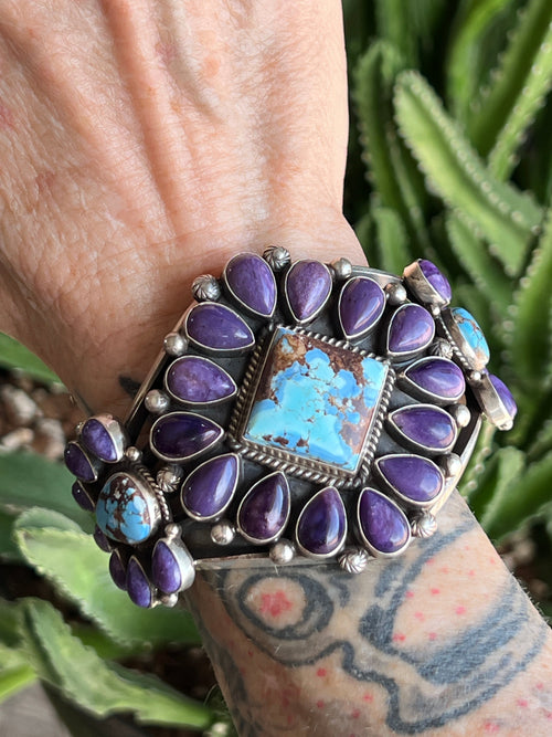 Handcrafted Sterling Silver, Charoite and Golden Hills Turquoise Cluster Cuff Bracelet by Tyler Brown /