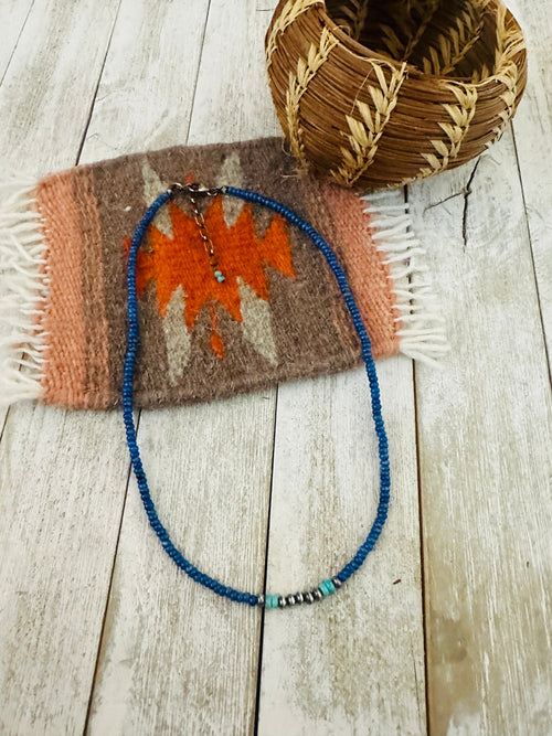 Navajo Lapis, Turquoise & Sterling Silver 16” Beaded Necklace