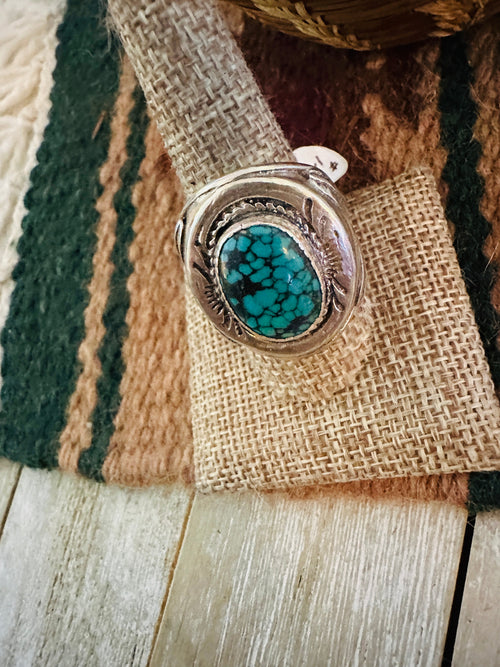 Old Pawn Handcrafted Turquoise & Sterling Silver Ring Size 9.5