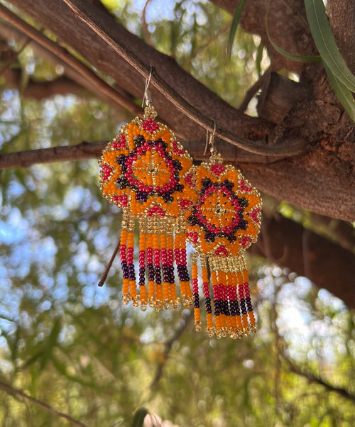 Handmade MultiColor Beaded Dangle Earrings (Gold, Yellow, & Pink