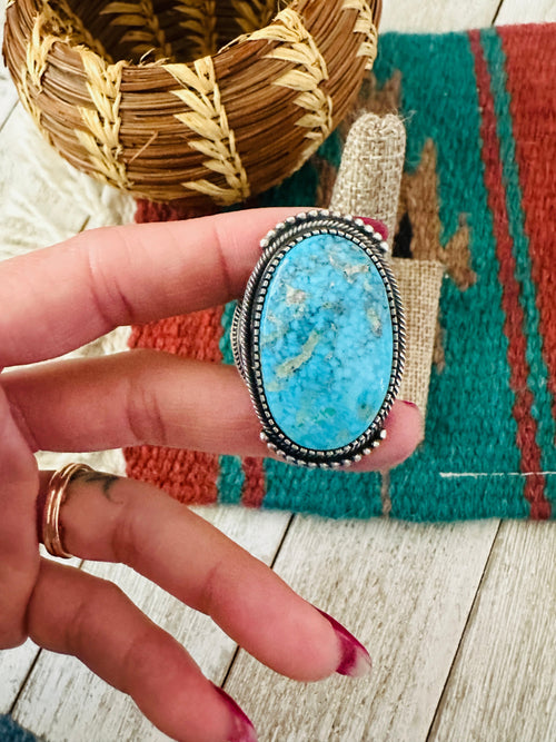 Old Pawn Handcrafted Turquoise & Sterling Silver Ring Size 12