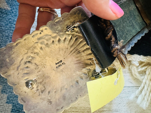 Vintage Black Leather And Sterling Silver Turquoise Concho Belt by Tim Guerro