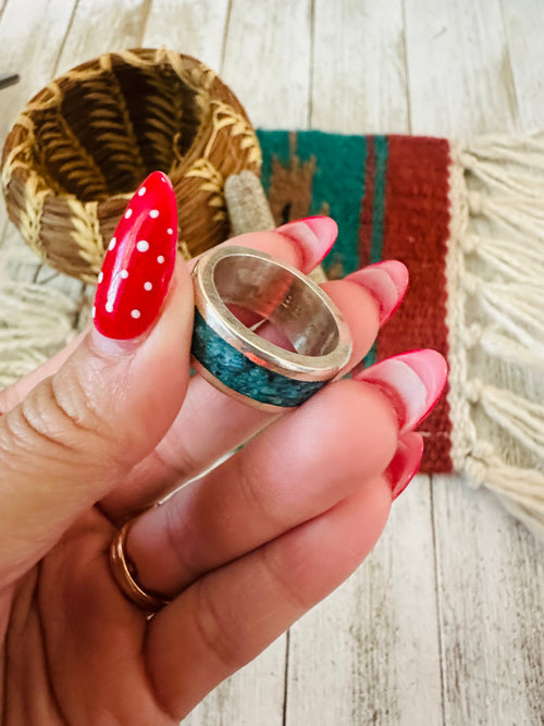 Old Pawn Navajo Sterling Silver & Turquoise Chip Inlay Band Ring