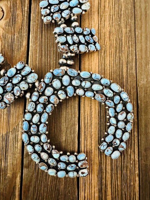 Navajo Golden Hills Turquoise & Sterling Silver Squash Blossom Necklace Set by B. Yellowhorse