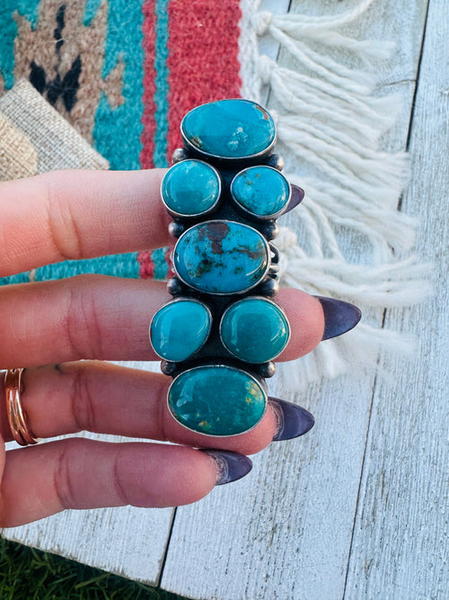 Old Pawn Handcrafted Turquoise & Sterling Silver Cluster Ring Size 8