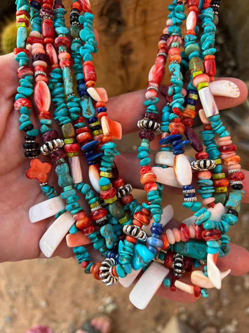 Gorgeous Santo Domingo Made Six Strand Turquoise and Spiny Oyster Beaded Squaw Wrap Necklace, Blue