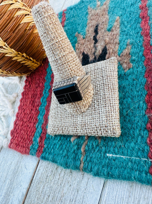 Old Pawn Handcrafted Onyx & Sterling Silver Inlay Ring Size 12