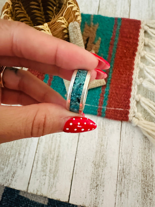 Old Pawn Navajo Sterling Silver & Turquoise Chip Inlay Band Ring