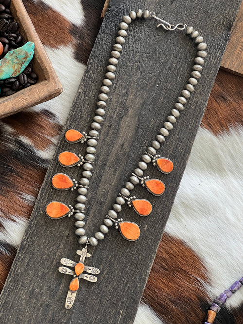 Handcrafted Sterling Silver And Orange Spiny Oyster Shell Dragonfly Bead Necklace by Selena Warner