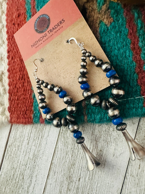 Navajo Lapis & Sterling Silver Pearl Beaded Blossom Hoop Earrings