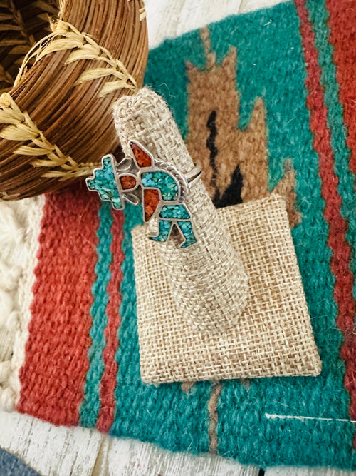 Handcrafted Old Pawn Sterling Silver, Turquoise & Coral Inlay Kachina Ring Size 5