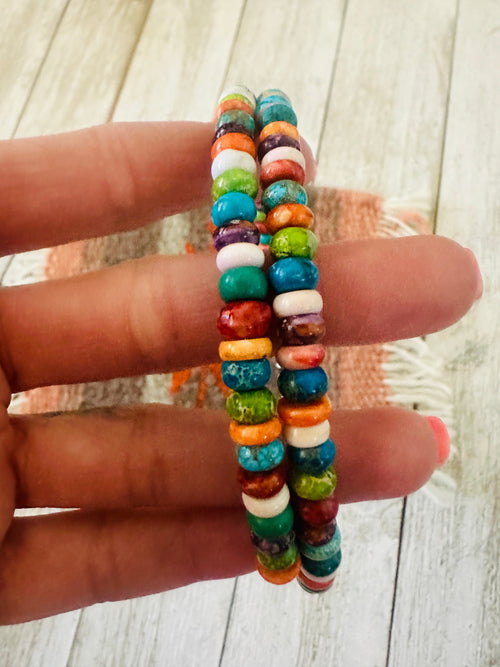 Navajo Multi Stone & Sterling Silver Beaded Wrap Choker Necklace