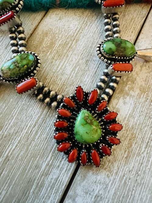 ** Christmas Collection ** Handmade Sterling Silver, Turquoise & Coral Necklace Signed Nizhoni