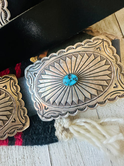 Vintage Black Leather And Sterling Silver Turquoise Concho Belt by Tim Guerro