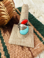 Old Pawn Handcrafted Turquoise, Coral & Sterling Silver Ring Size 10