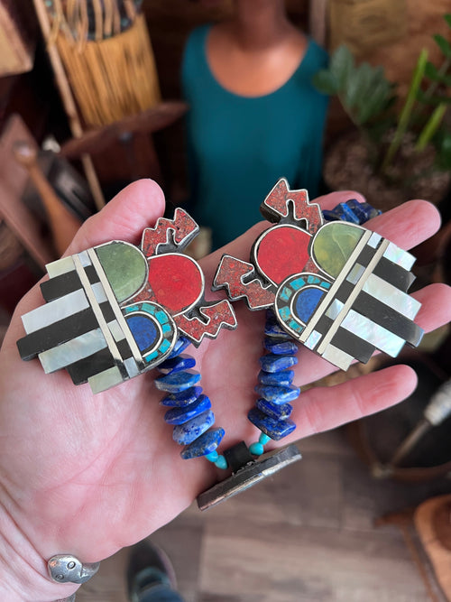 Handcrafted Multi Stone Inlay Healing Hand and Storm Cloud Necklace & Earrings by Warren Nieto