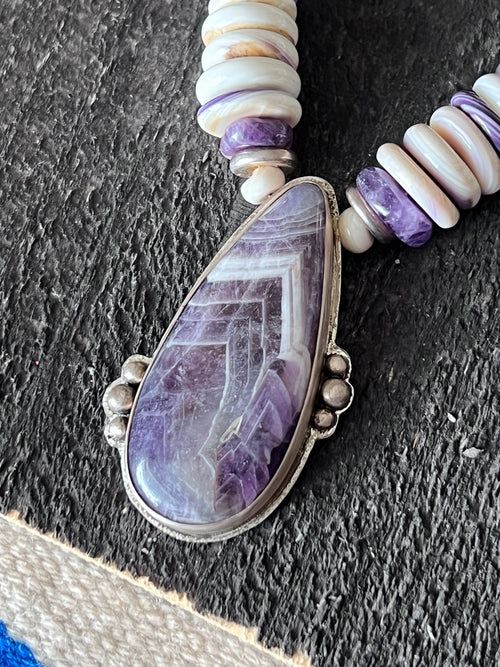 Tularosa Handcrafted Quahog Shell, Amethyst and Sterling Silver Beaded Necklace