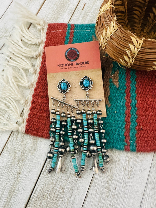 Handcrafted Turquoise & Sterling Silver Pearl Beaded Tassel Dangle Earrings