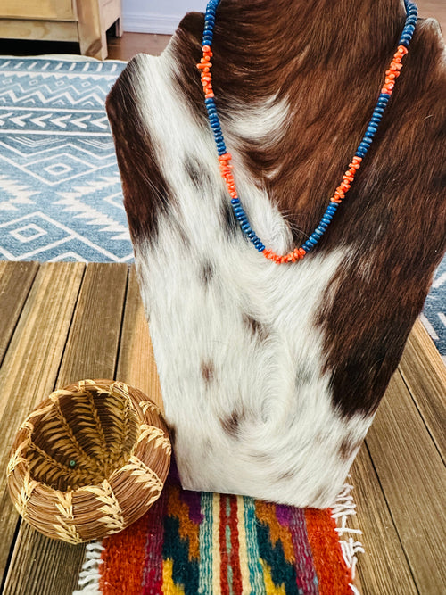 Handcrafted Lapis, Coral & Sterling Silver Beaded 16” Necklace
