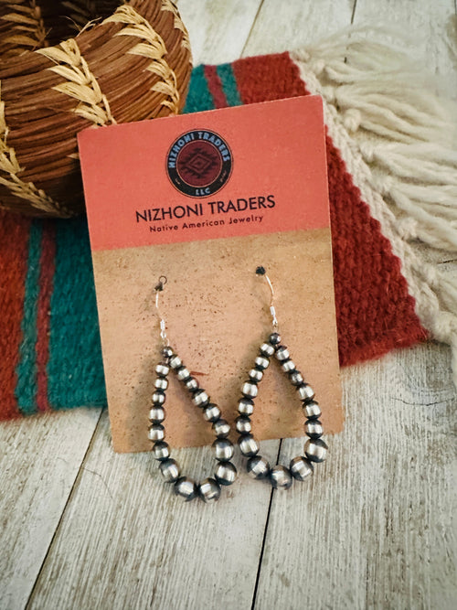 Navajo Sterling Silver Pearl Beaded Dangle Hoop Earrings