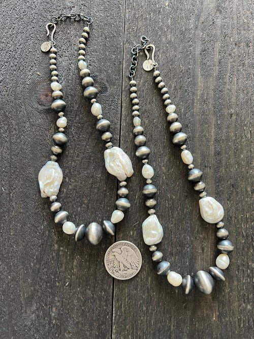 Navajo Sterling Silver and Freshwater Pearl Handmade Beaded Necklace by Rose Martin, 16 Inches