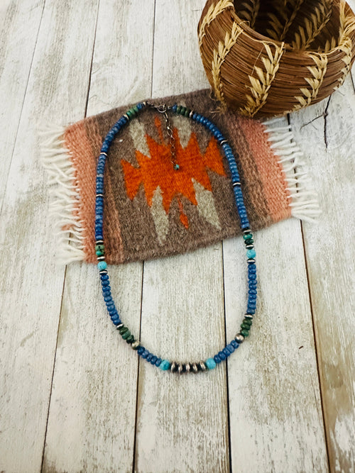 Navajo Lapis, Turquoise & Sterling Silver 18” Beaded Necklace