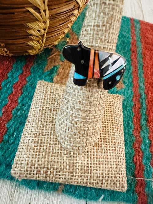 Old Pawn Navajo Sterling Silver & Multi Stone Inlay Bear Ring Size 5.5