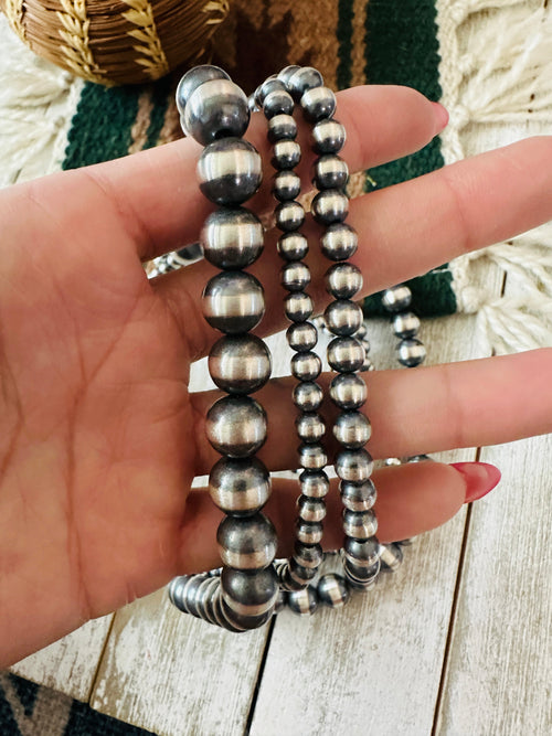 Navajo Sterling Silver Pearl Triple Strand Beaded Necklace