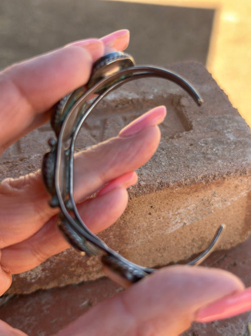 Old Pawn Sterling Silver & Mother of Pearl Cuff Bracelet /