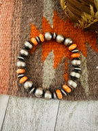 Navajo Orange Spiny & Sterling Silver Beaded Stretch Bracelet