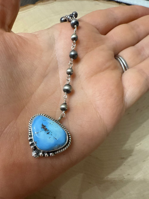 Handmade Sterling Silver Golden Hills Turquoise Beaded Lariat Cross Necklace