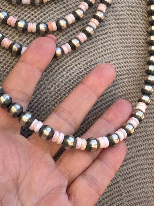 Handcrafted Sterling Silver Pearl & Queen Pink Conch Beaded Necklace 8mm
