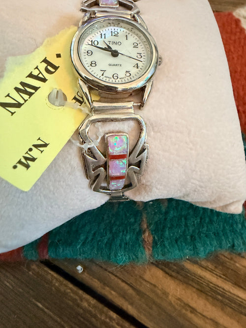 Handcrafted Old Pawn Opal, Coral & Sterling Silver Inlay Watch Band