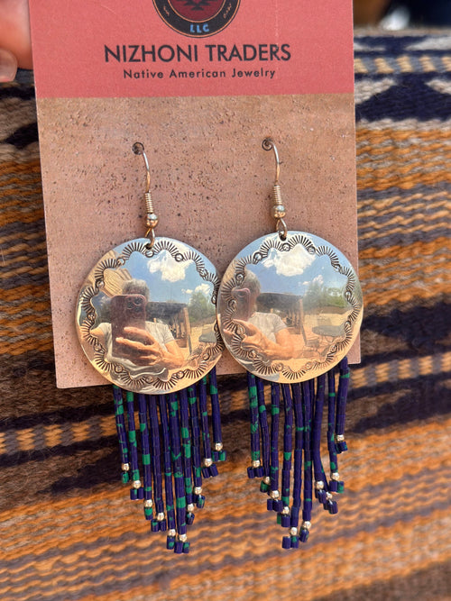 Old Pawn Sterling Silver Azurite Beaded Tassel Earrings