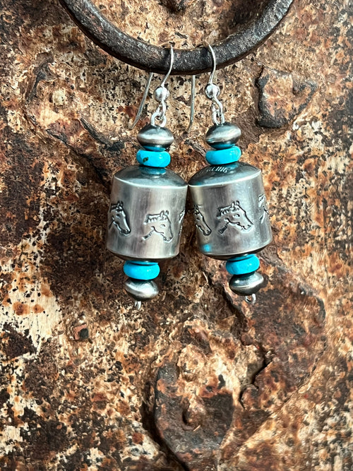 Sterling Silver and Turquoise Handcrafted Barrel Bead Earrings by Preston Haley
