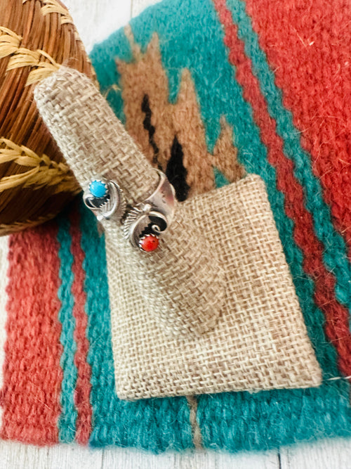 Old Pawn Navajo Sterling Silver, Turquoise & Coral Adjustable Ring